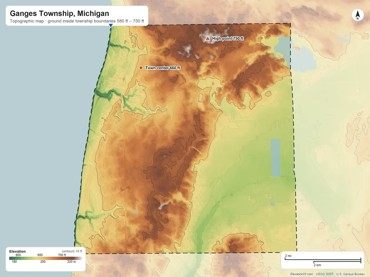 Topographic elevation map of Ganges Township, Michigan, shaded from 580 ft on the northwest side to 750 ft on the northeast side
