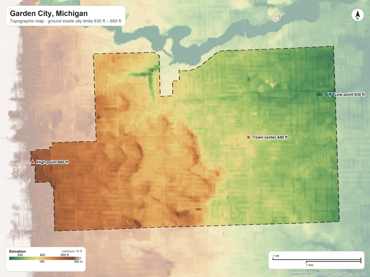 Topographic elevation map of Garden City, Michigan, shaded from 630 ft on the northeast side to 660 ft on the west side