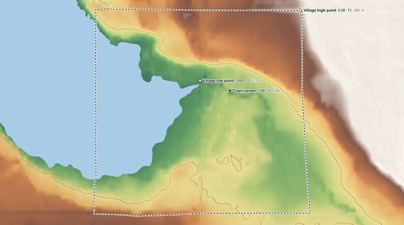 Topographic elevation map of Garden, Michigan, shaded from 580 ft on the west side to 630 ft on the northeast side