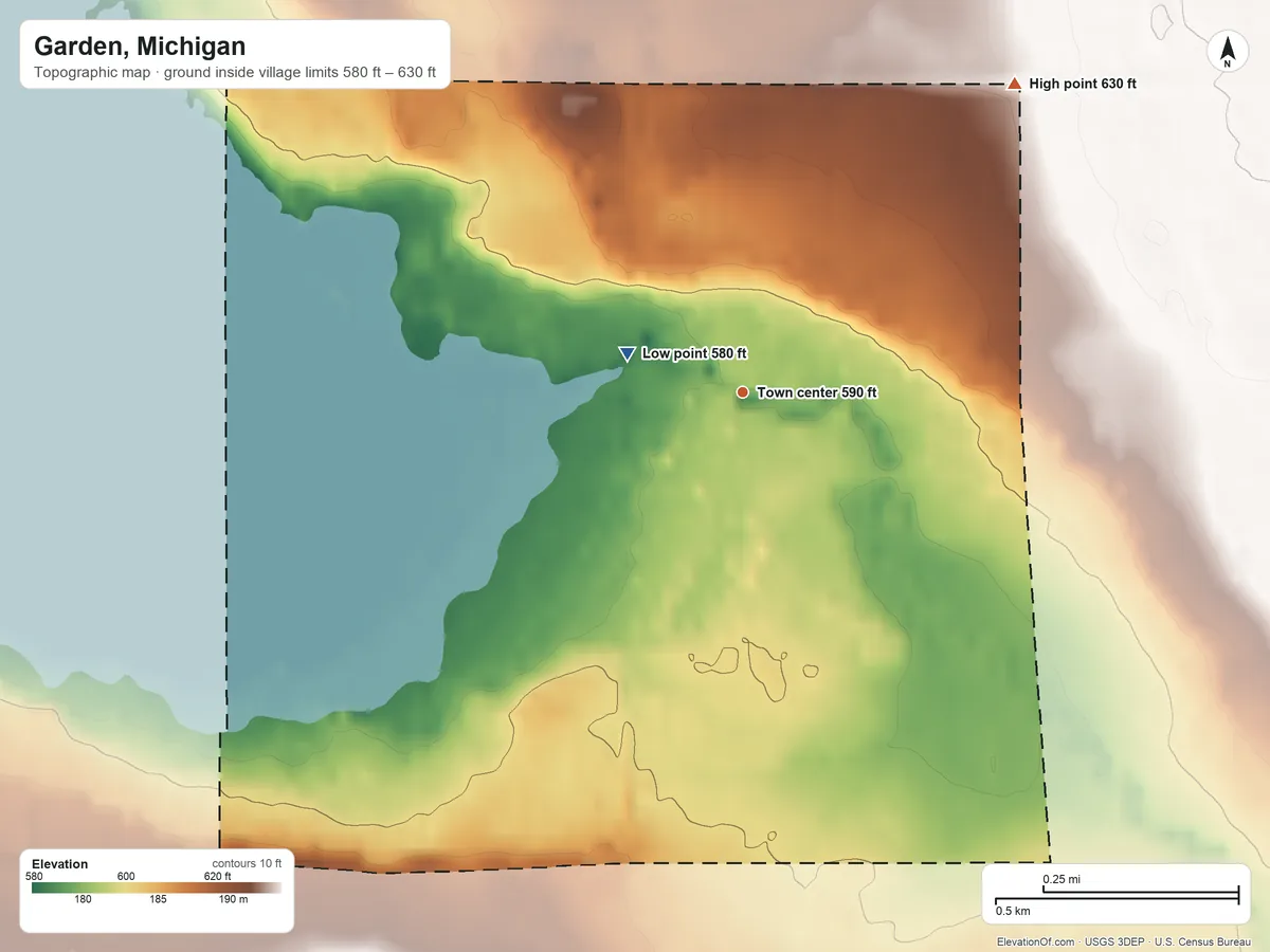 Topographic elevation map of Garden, Michigan, shaded from 580 ft on the west side to 630 ft on the northeast side
