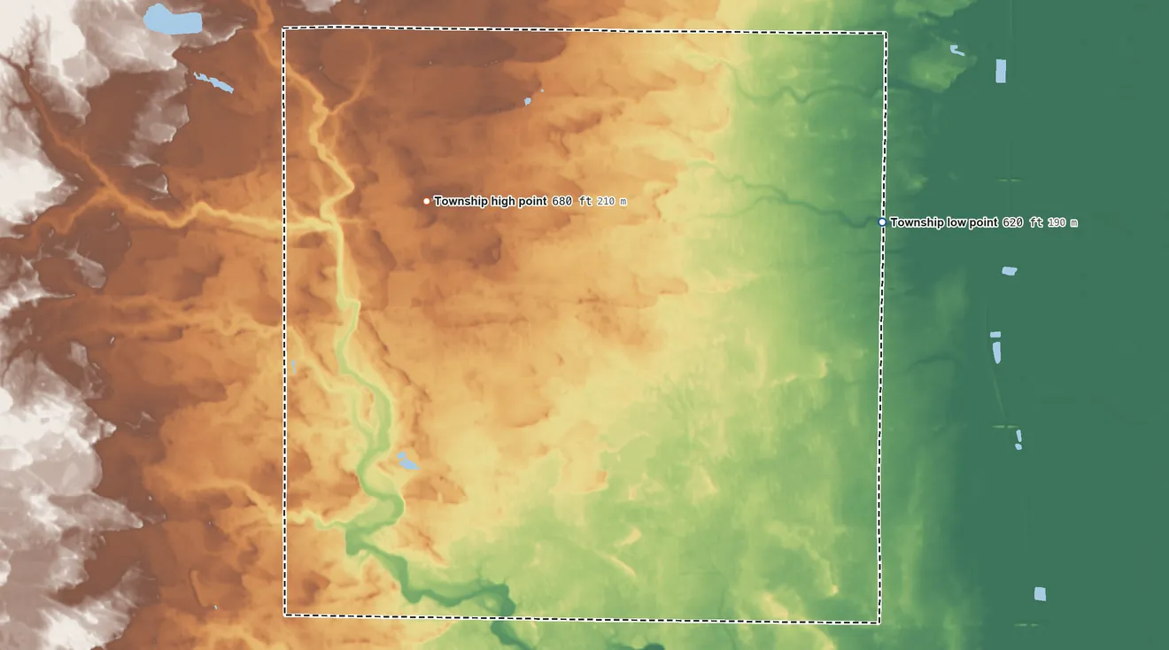 Topographic elevation map of Garfield Township, Bay County, Michigan, shaded from 620 ft on the east side to 680 ft on the west side