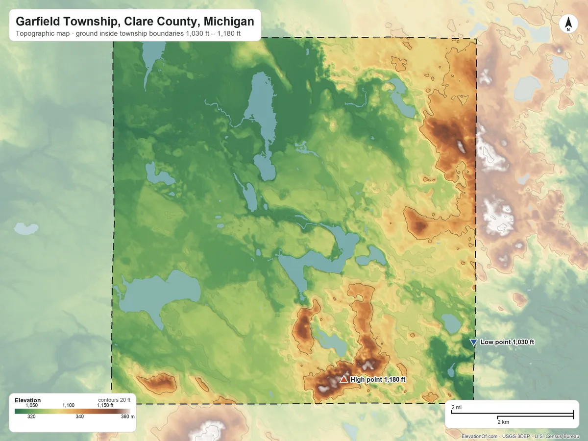 Topographic elevation map of Garfield Township, Clare County, Michigan, shaded from 1,030 ft on the southeast side to 1,180 ft on the south side