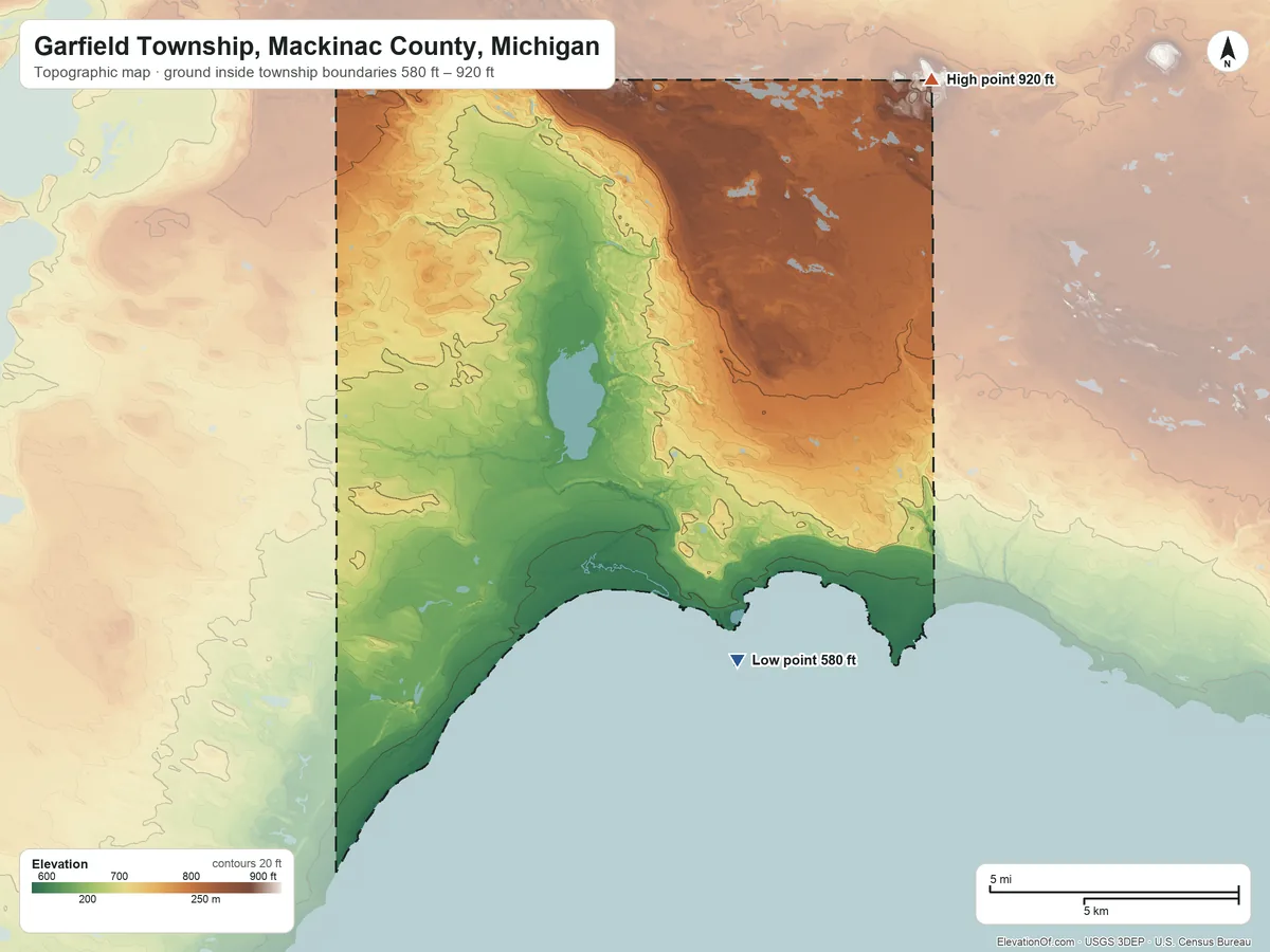 Topographic elevation map of Garfield Township, Mackinac County, Michigan, shaded from 580 ft on the southeast side to 920 ft on the northeast side