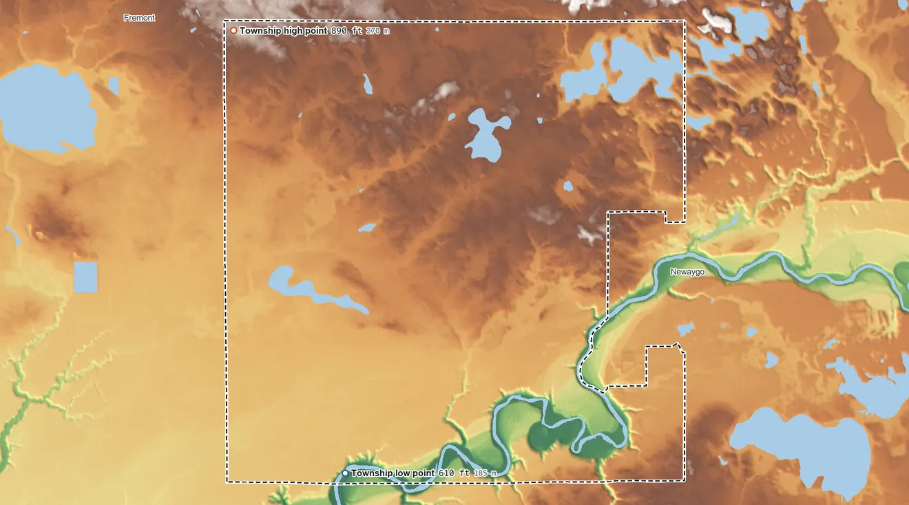 Topographic elevation map of Garfield Township, Newaygo County, Michigan, shaded from 610 ft on the southwest side to 890 ft on the northwest side