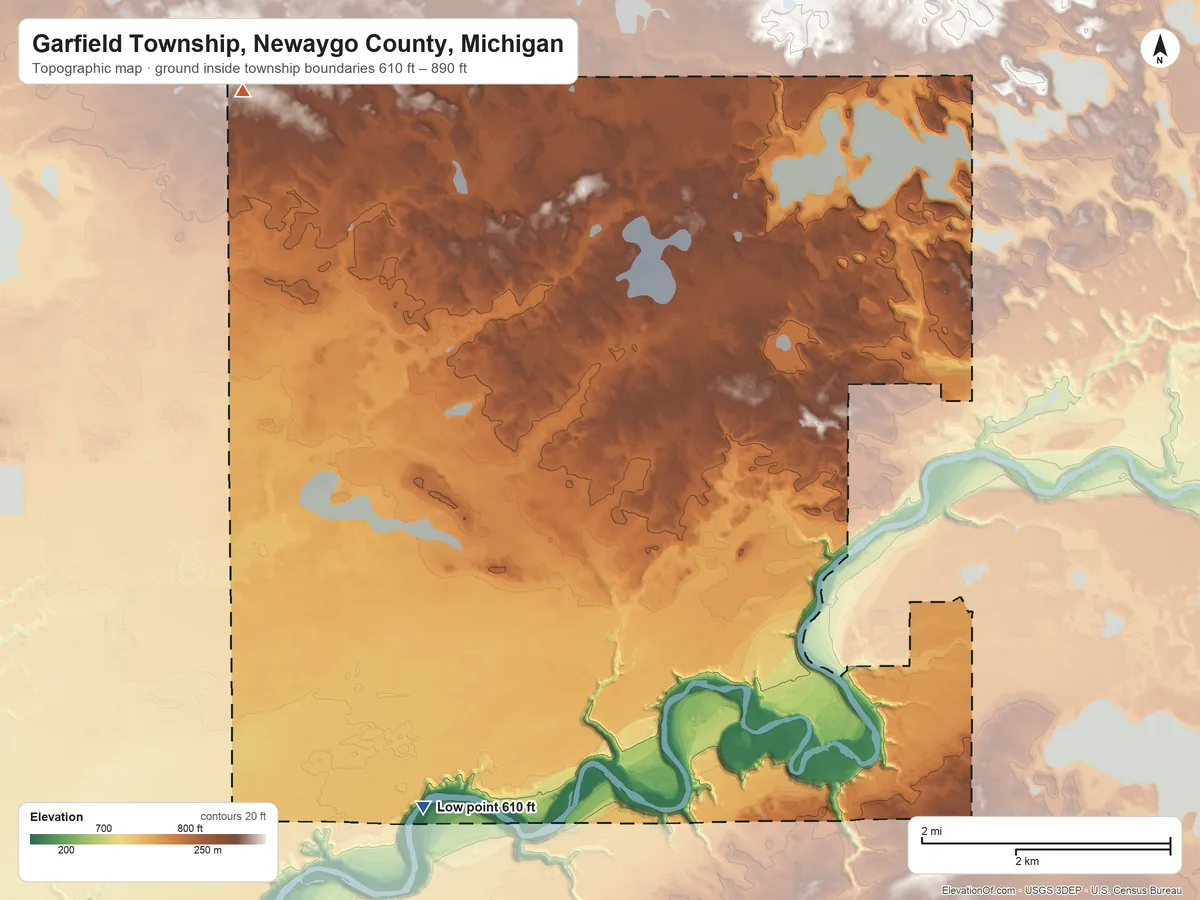 Topographic elevation map of Garfield Township, Newaygo County, Michigan, shaded from 610 ft on the southwest side to 890 ft on the northwest side