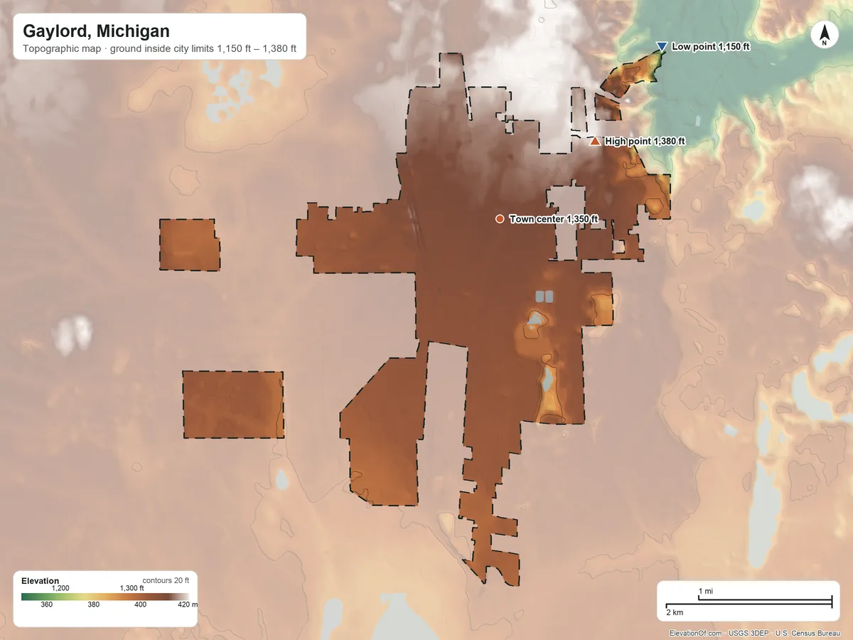 Topographic elevation map of Gaylord, Michigan, shaded from 1,150 ft on the northeast side to 1,380 ft on the northeast side