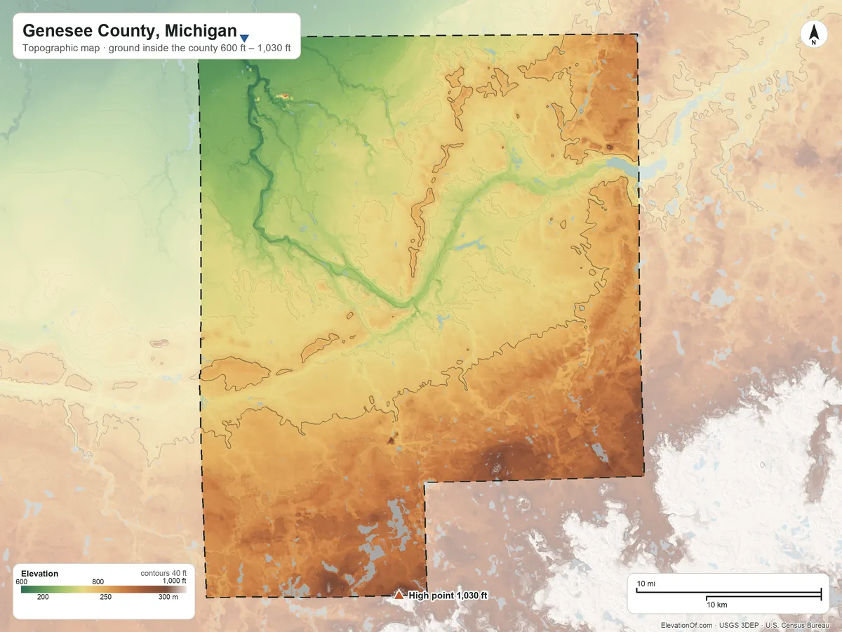 Topographic elevation map of Genesee County, Michigan, shaded from 600 ft on the northwest side to 1,030 ft on the south side