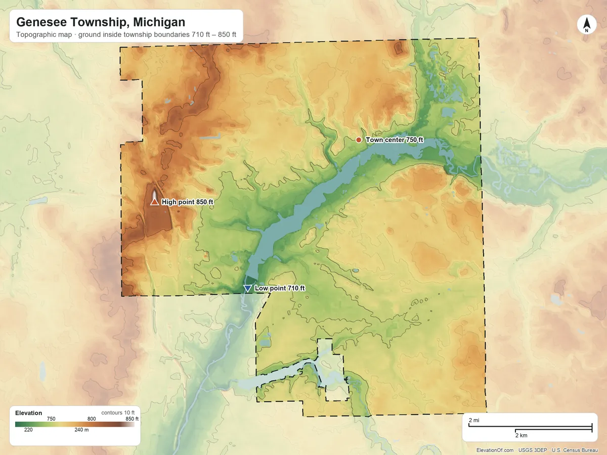 Topographic elevation map of Genesee Township, Michigan, shaded from 710 ft on the southwest side to 850 ft on the west side