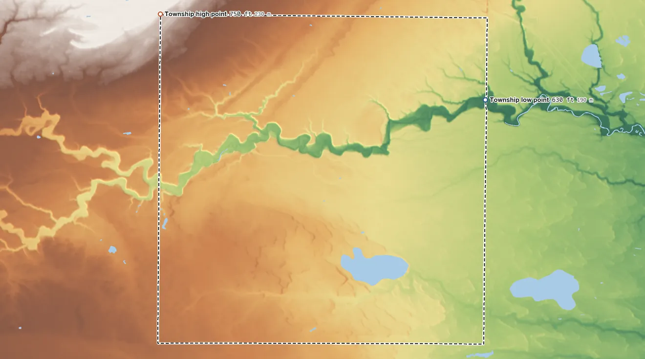 Topographic elevation map of Geneva Township, Midland County, Michigan, shaded from 630 ft on the east side to 750 ft on the northwest side