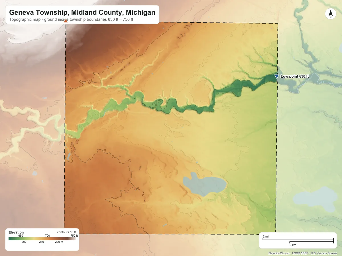 Topographic elevation map of Geneva Township, Midland County, Michigan, shaded from 630 ft on the east side to 750 ft on the northwest side