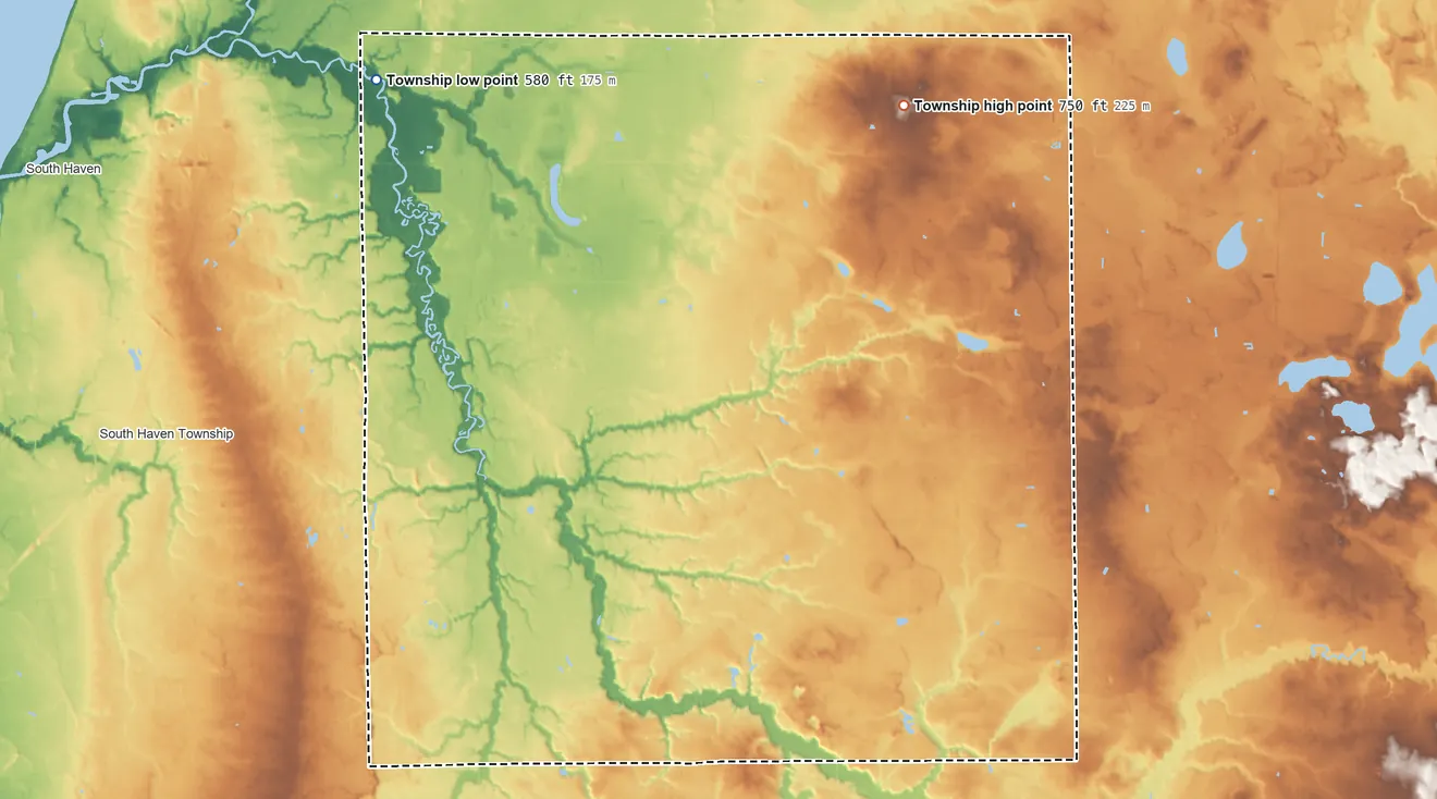 Topographic elevation map of Geneva Township, Michigan, shaded from 580 ft on the northwest side to 750 ft on the northeast side