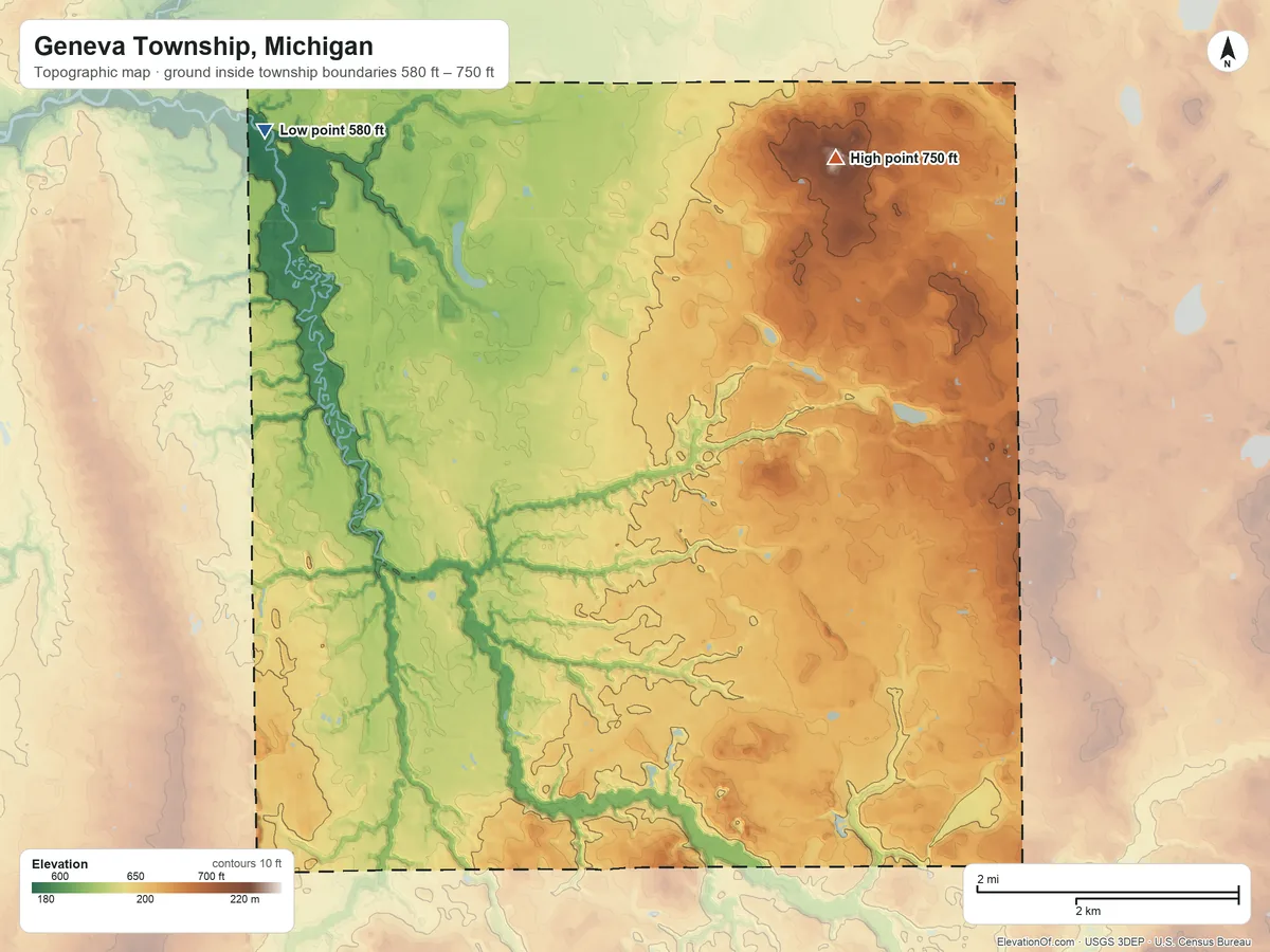 Topographic elevation map of Geneva Township, Michigan, shaded from 580 ft on the northwest side to 750 ft on the northeast side