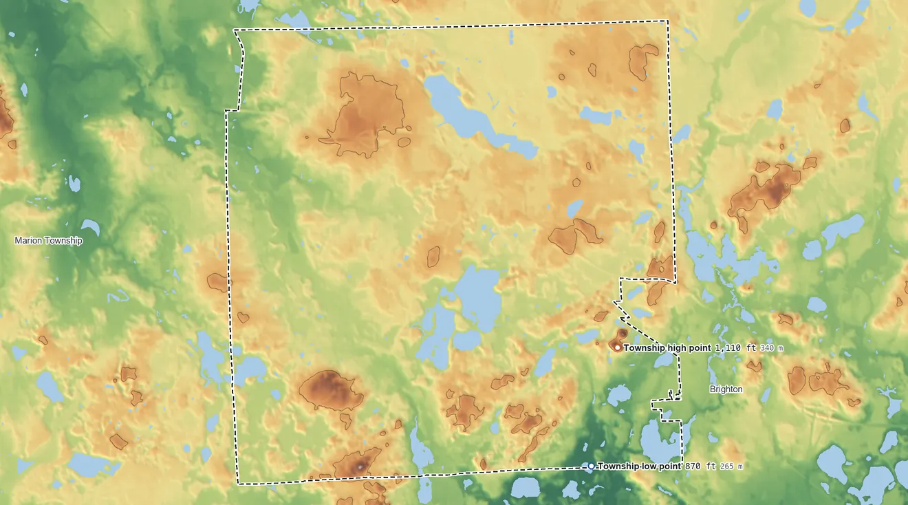 Topographic elevation map of Genoa Township, Michigan, shaded from 870 ft on the southeast side to 1,110 ft on the southeast side
