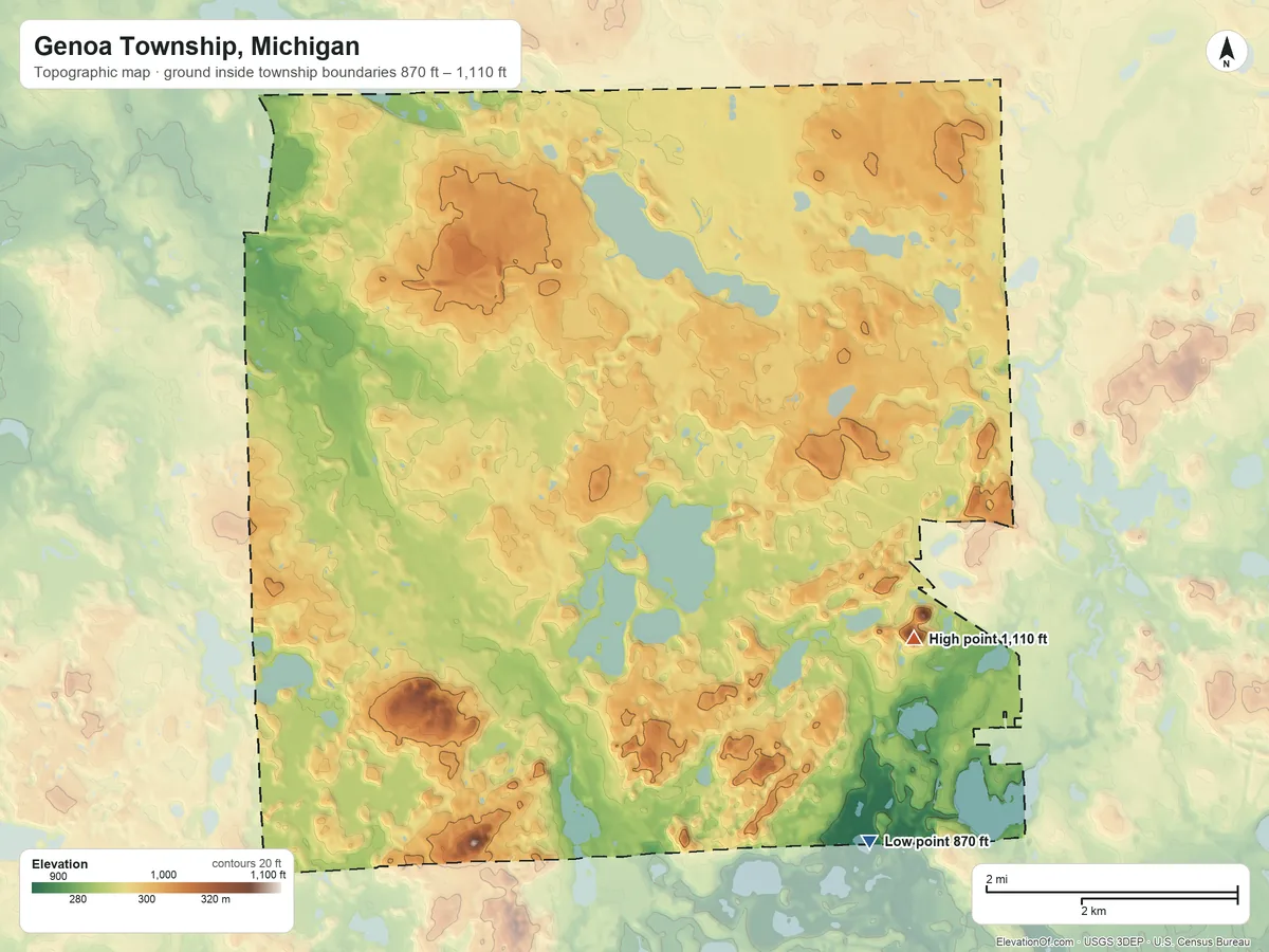 Topographic elevation map of Genoa Township, Michigan, shaded from 870 ft on the southeast side to 1,110 ft on the southeast side