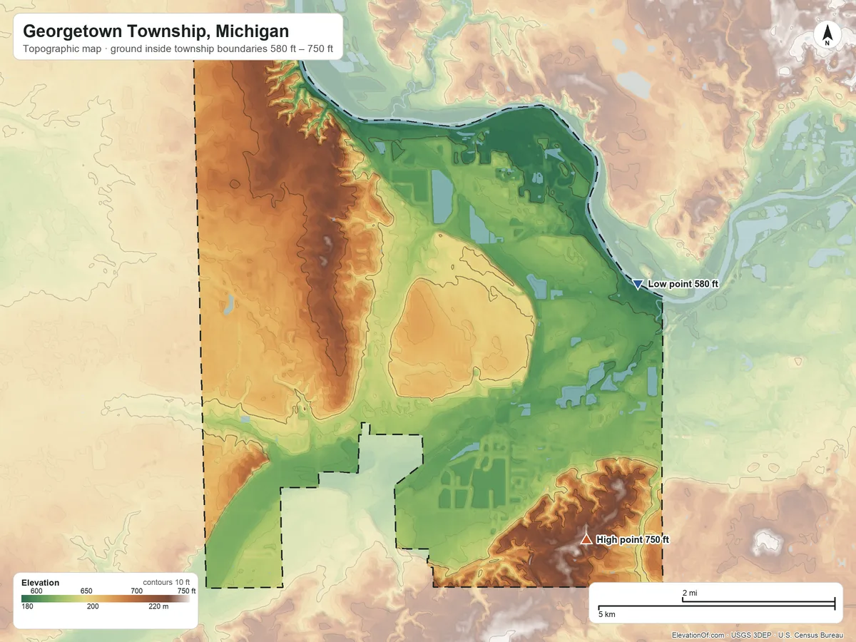 Topographic elevation map of Georgetown Township, Michigan, shaded from 580 ft on the east side to 750 ft on the southeast side