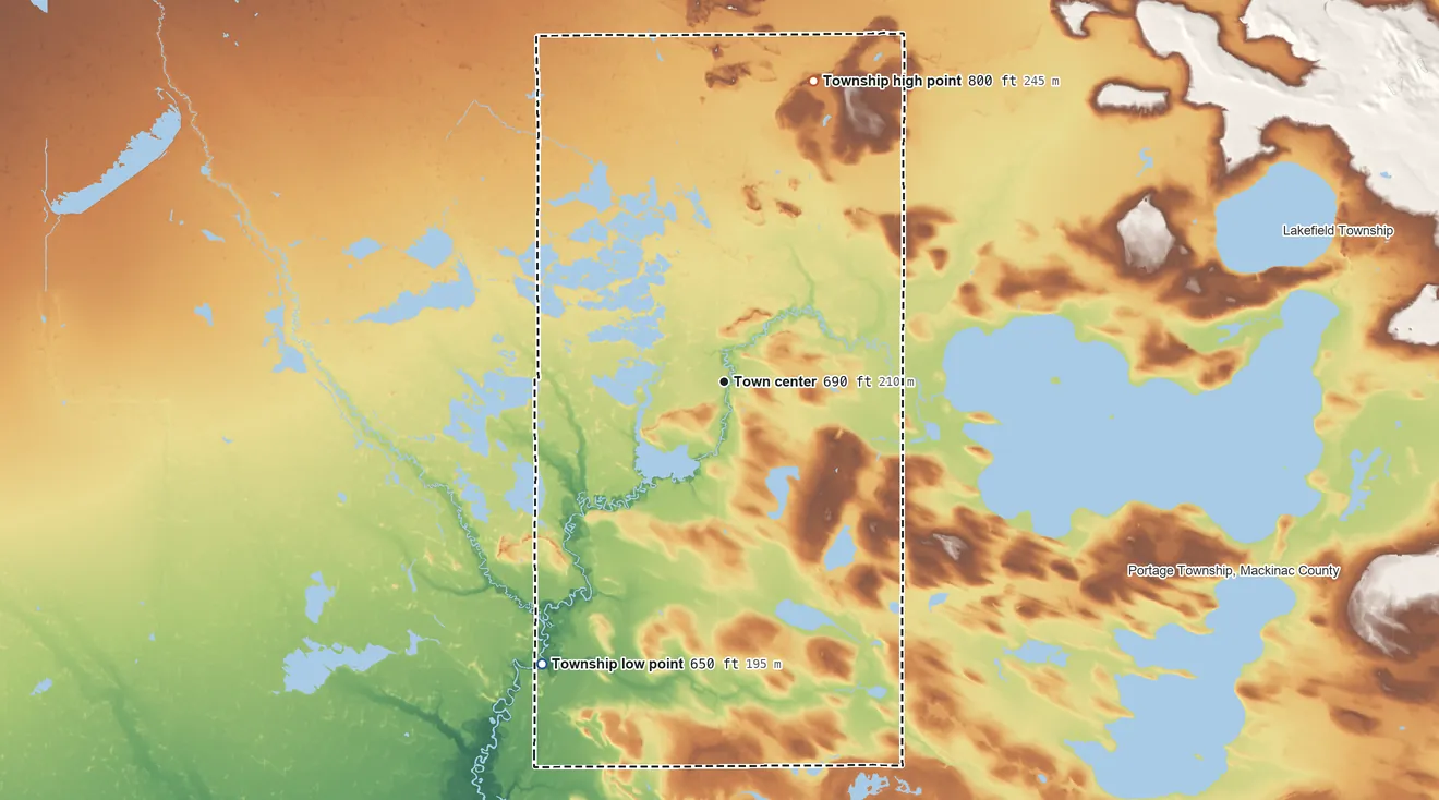 Topographic elevation map of Germfask Township, Michigan, shaded from 650 ft on the southwest side to 800 ft on the north side