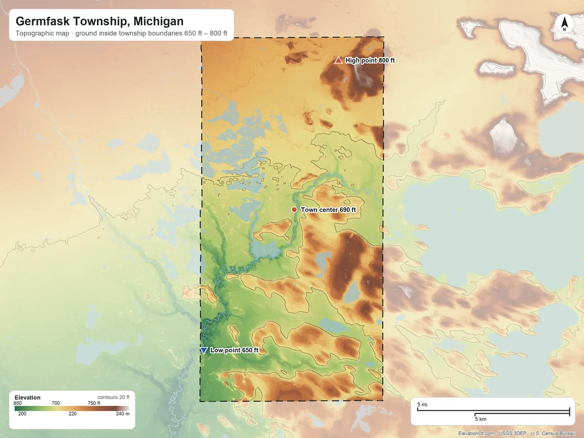 Topographic elevation map of Germfask Township, Michigan, shaded from 650 ft on the southwest side to 800 ft on the north side