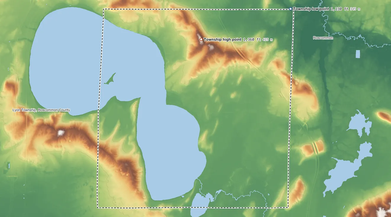 Topographic elevation map of Gerrish Township, Michigan, shaded from 1,130 ft on the northeast side to 1,360 ft on the north side