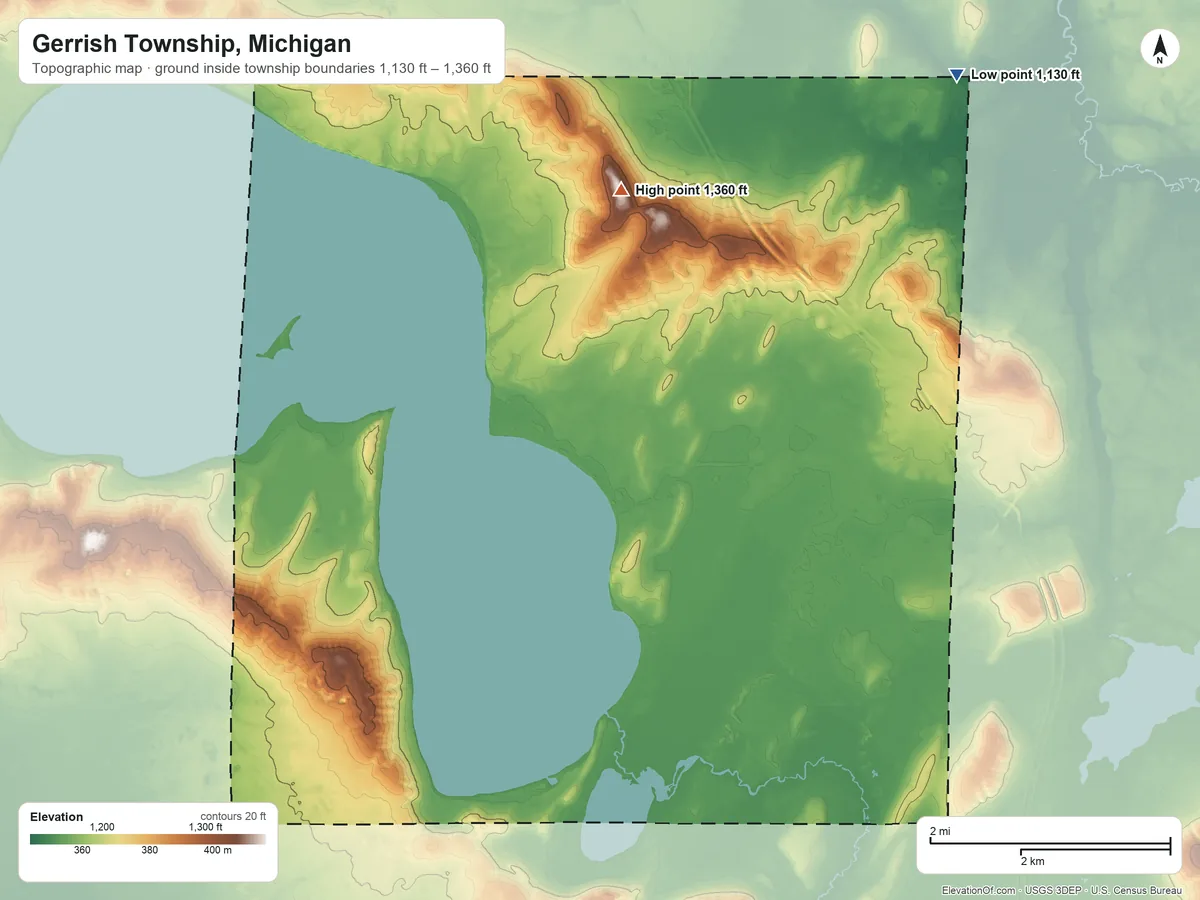 Topographic elevation map of Gerrish Township, Michigan, shaded from 1,130 ft on the northeast side to 1,360 ft on the north side