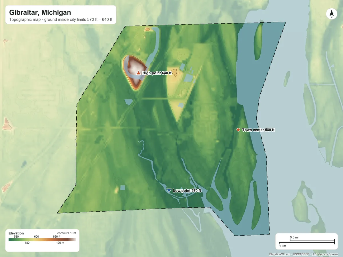 Topographic elevation map of Gibraltar, Michigan, shaded from 570 ft on the southwest side to 640 ft on the northwest side