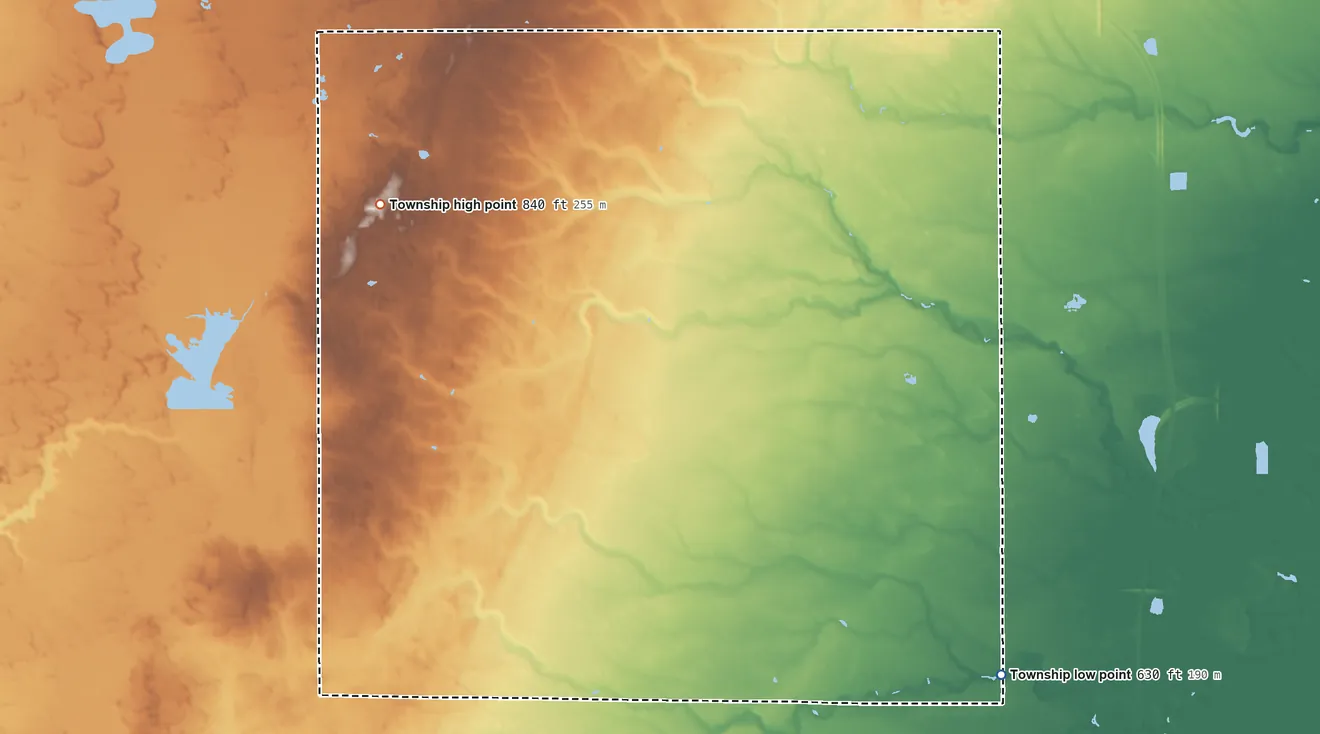 Topographic elevation map of Gibson Township, Michigan, shaded from 630 ft on the southeast side to 840 ft on the northwest side