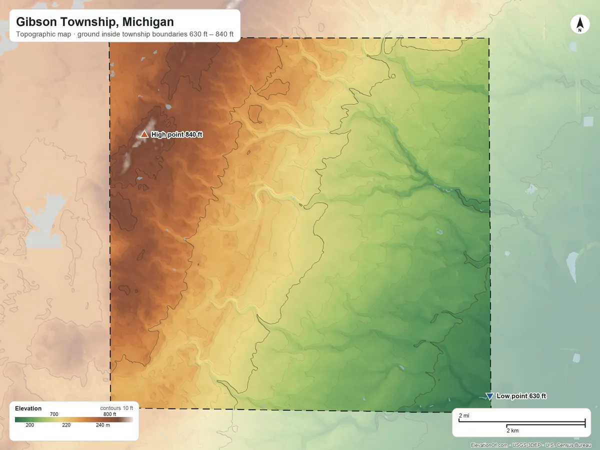 Topographic elevation map of Gibson Township, Michigan, shaded from 630 ft on the southeast side to 840 ft on the northwest side