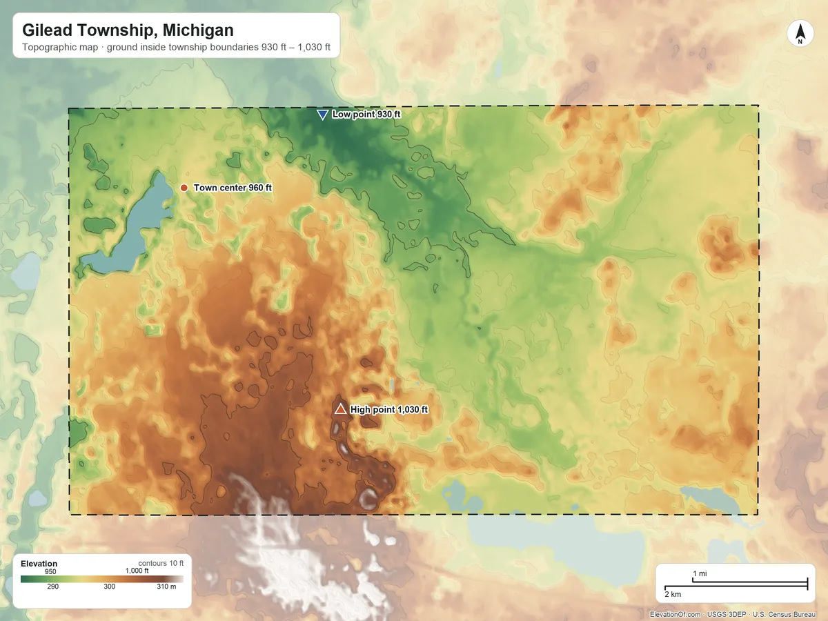 Topographic elevation map of Gilead Township, Michigan, shaded from 930 ft on the northeast side to 1,030 ft on the southeast side