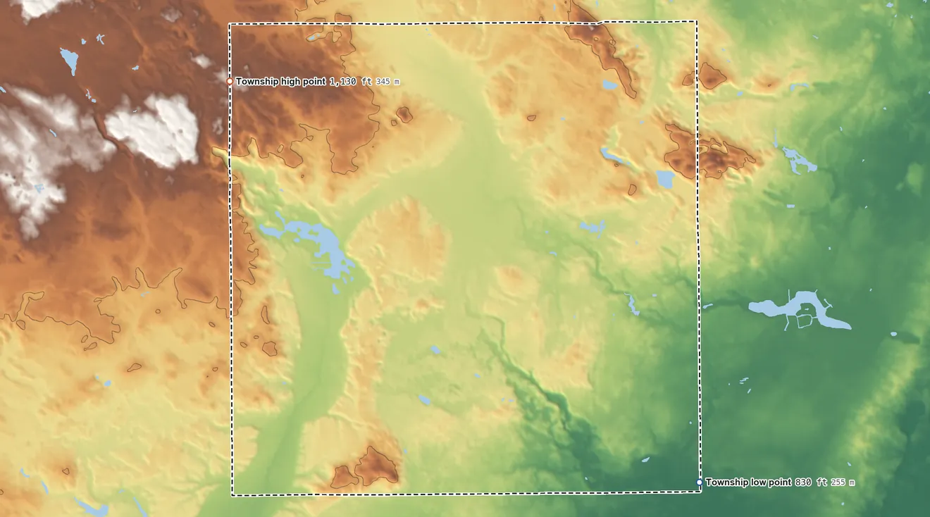 Topographic elevation map of Gilmore Township, Michigan, shaded from 830 ft on the southeast side to 1,130 ft on the northwest side