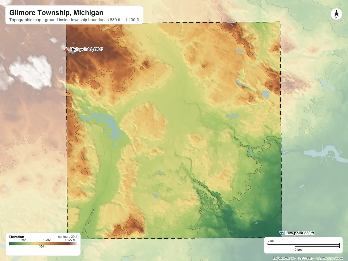 Topographic elevation map of Gilmore Township, Michigan, shaded from 830 ft on the southeast side to 1,130 ft on the northwest side