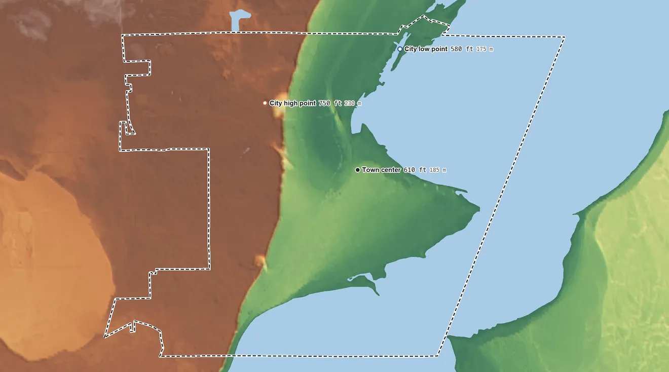 Topographic elevation map of Gladstone, Michigan, shaded from 580 ft on the north side to 750 ft on the northwest side