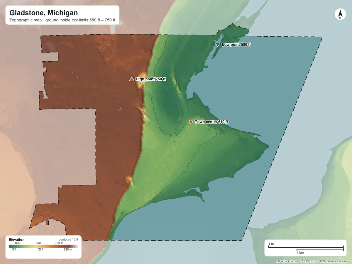 Topographic elevation map of Gladstone, Michigan, shaded from 580 ft on the north side to 750 ft on the northwest side