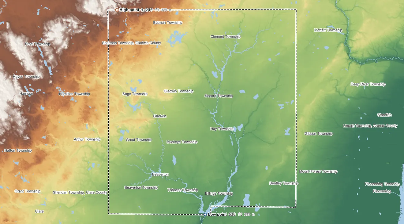 Topographic elevation map of Gladwin County, Michigan, shaded from 630 ft on the south side to 1,240 ft on the northwest side