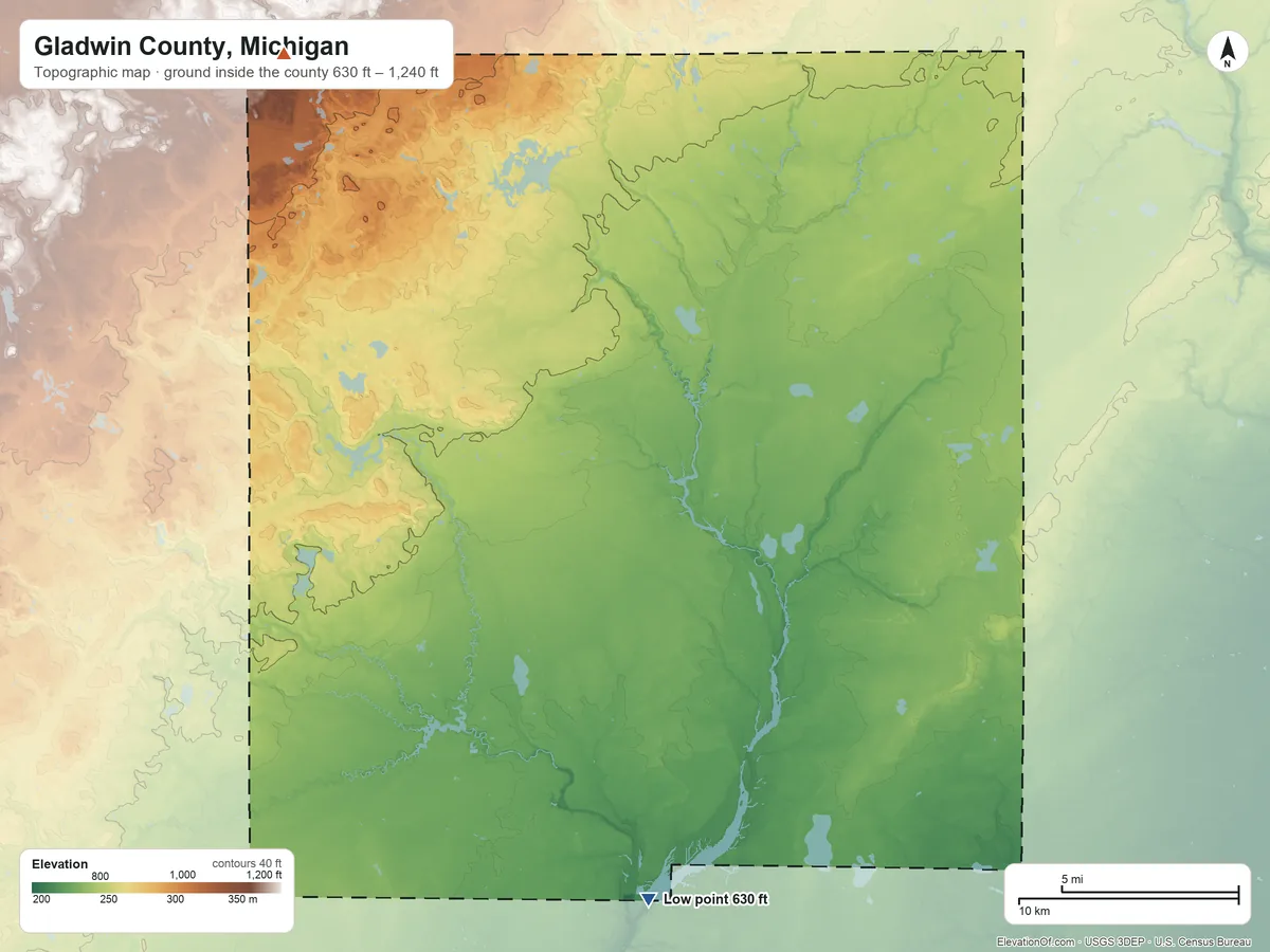 Topographic elevation map of Gladwin County, Michigan, shaded from 630 ft on the south side to 1,240 ft on the northwest side