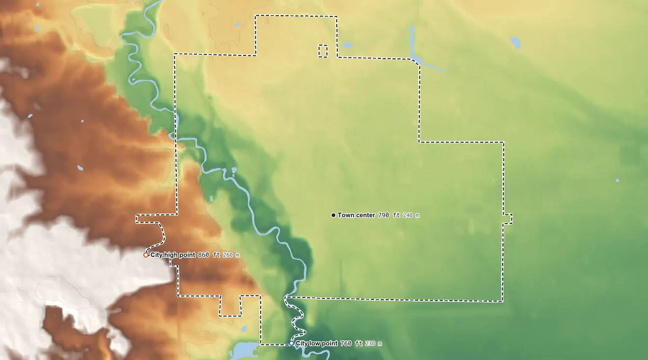Topographic elevation map of Gladwin, Michigan, shaded from 760 ft on the south side to 860 ft on the west side
