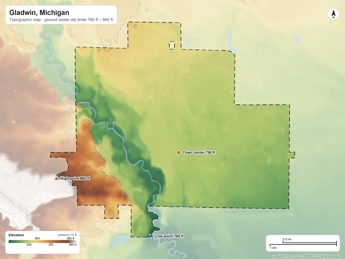 Topographic elevation map of Gladwin, Michigan, shaded from 760 ft on the south side to 860 ft on the west side
