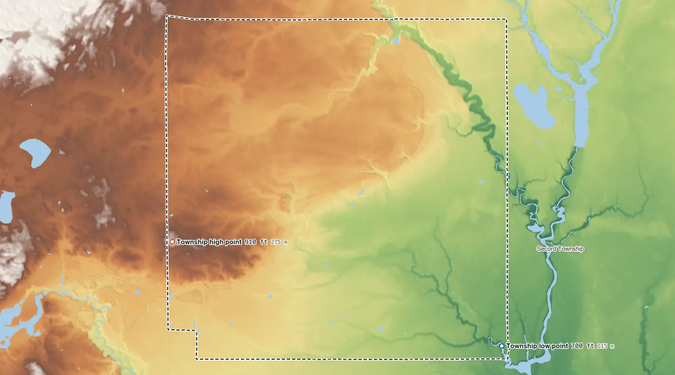 Topographic elevation map of Gladwin Township, Michigan, shaded from 700 ft on the southeast side to 910 ft on the west side