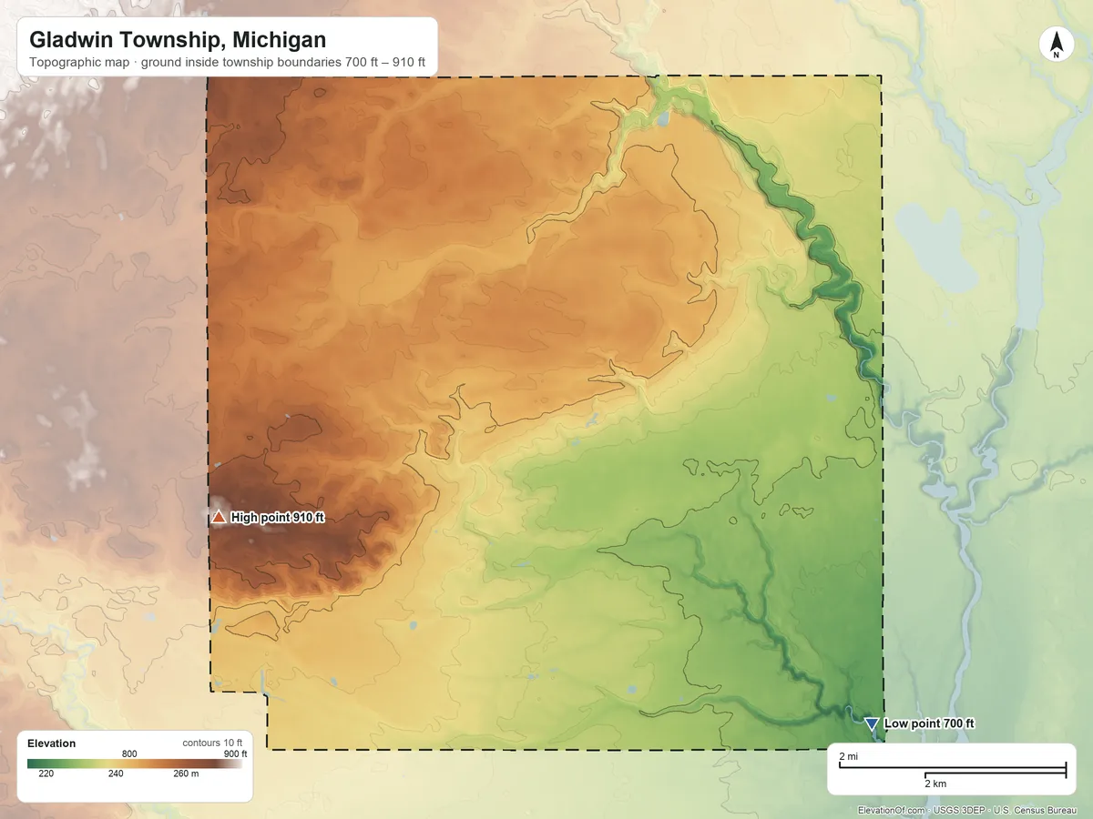 Topographic elevation map of Gladwin Township, Michigan, shaded from 700 ft on the southeast side to 910 ft on the west side