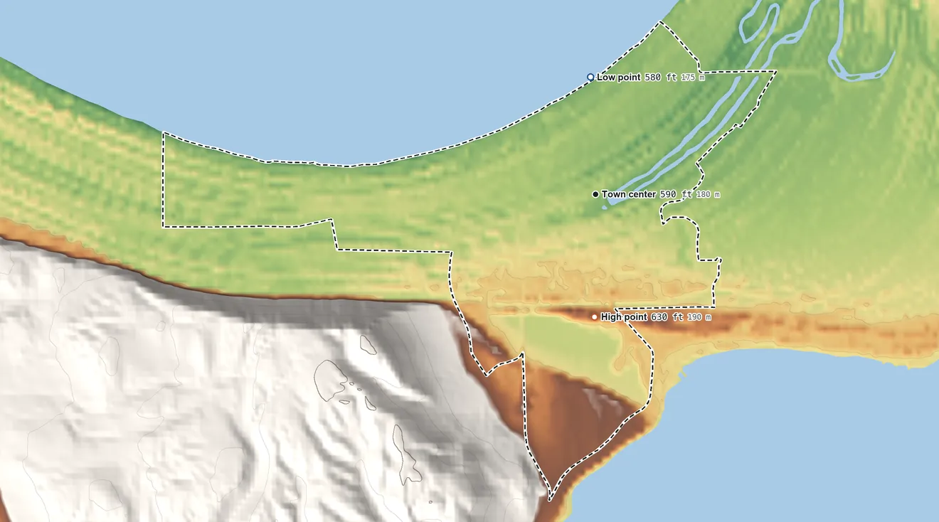 Topographic elevation map of Glen Arbor, Michigan, shaded from 580 ft on the north side to 630 ft on the south edge, below higher ground just outside
