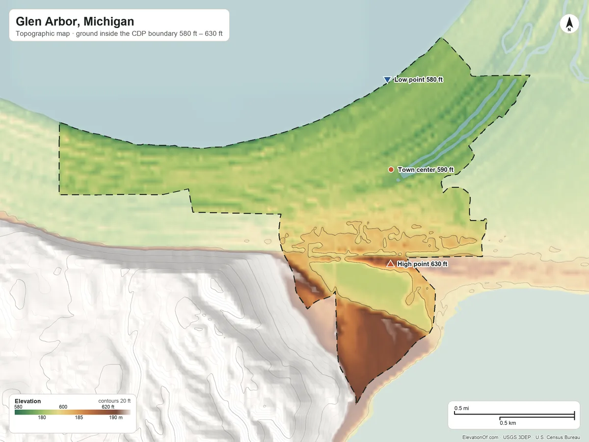 Topographic elevation map of Glen Arbor, Michigan, shaded from 580 ft on the north side to 630 ft on the south edge, below higher ground just outside