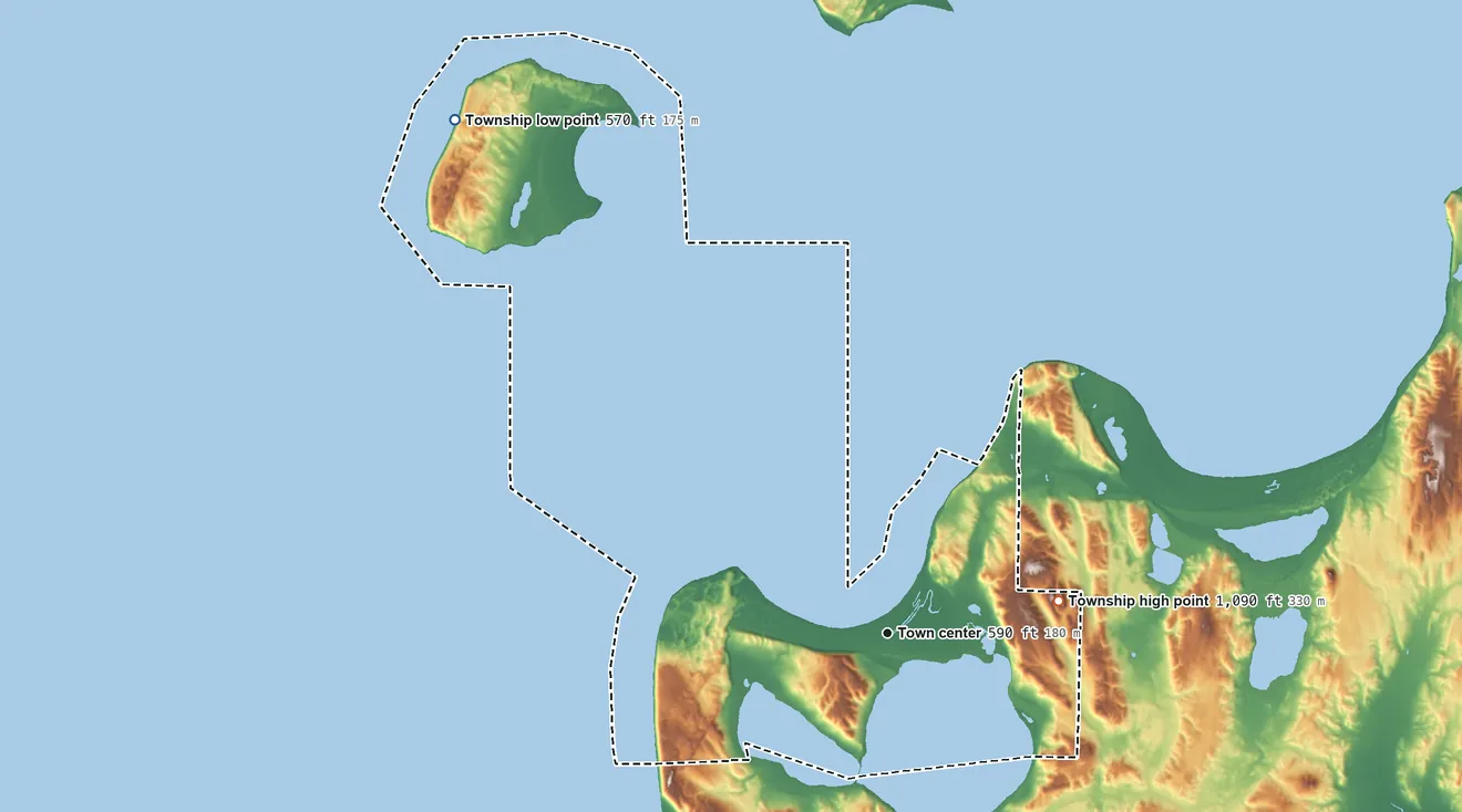 Topographic elevation map of Glen Arbor Township, Michigan, shaded from 570 ft on the northwest side to 1,090 ft on the east side
