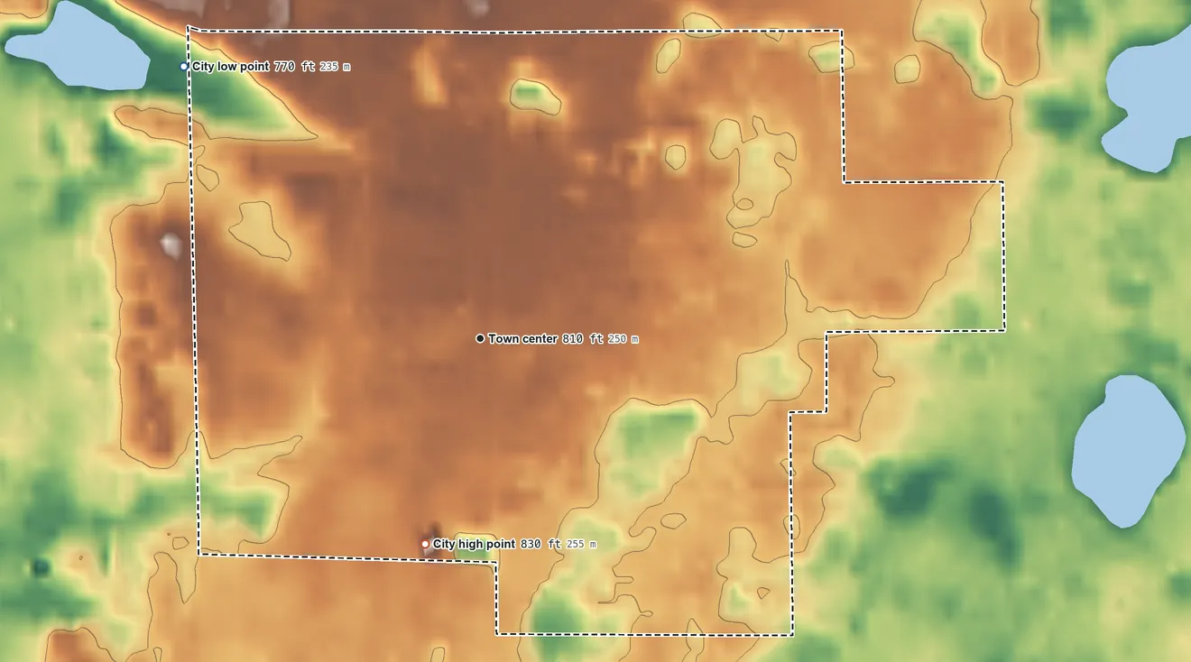 Topographic elevation map of Gobles, Michigan, shaded from 770 ft on the northwest side to 830 ft on the south side
