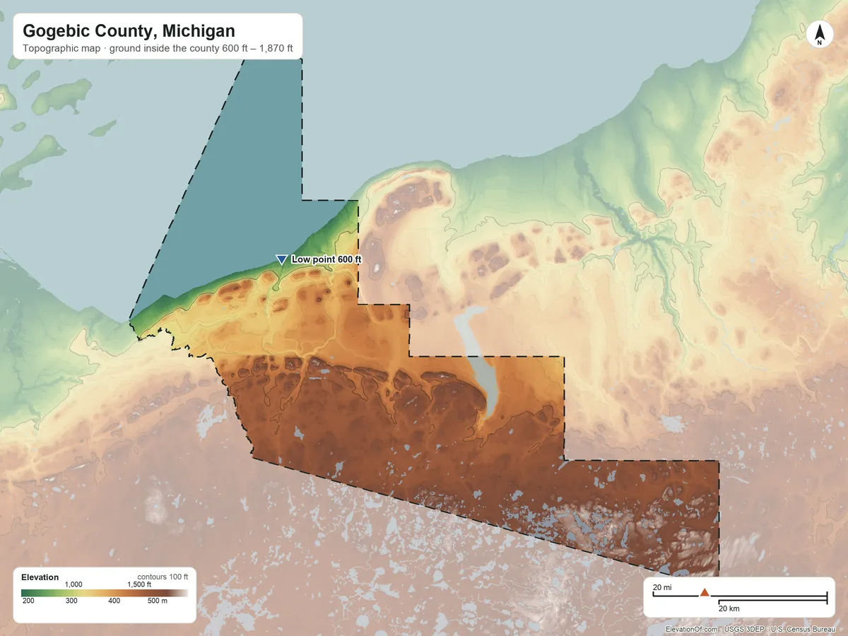 Topographic elevation map of Gogebic County, Michigan, shaded from 600 ft on the northwest side to 1,870 ft on the southeast side