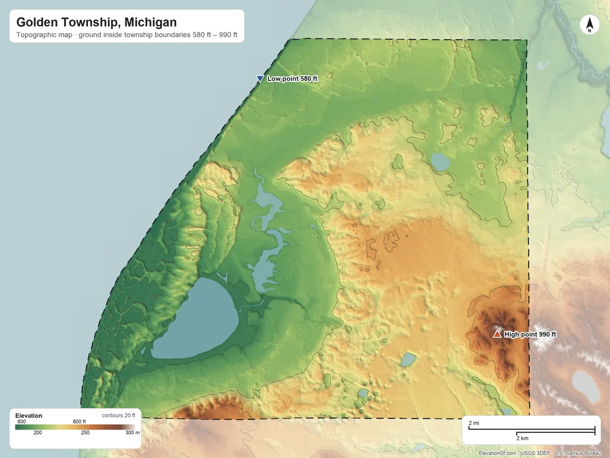 Topographic elevation map of Golden Township, Michigan, shaded from 580 ft on the northwest side to 990 ft on the southeast side