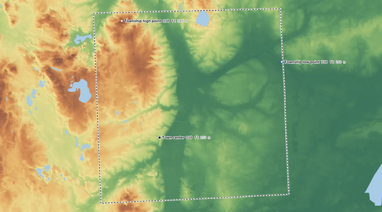Topographic elevation map of Goodland Township, Michigan, shaded from 790 ft on the northeast side to 990 ft on the north side
