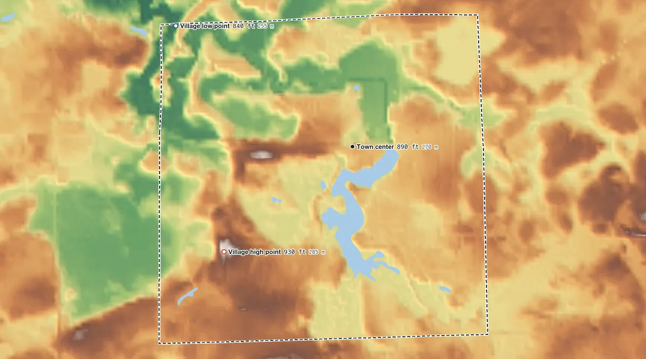 Topographic elevation map of Goodrich, Michigan, shaded from 840 ft on the northwest side to 930 ft on the southwest side