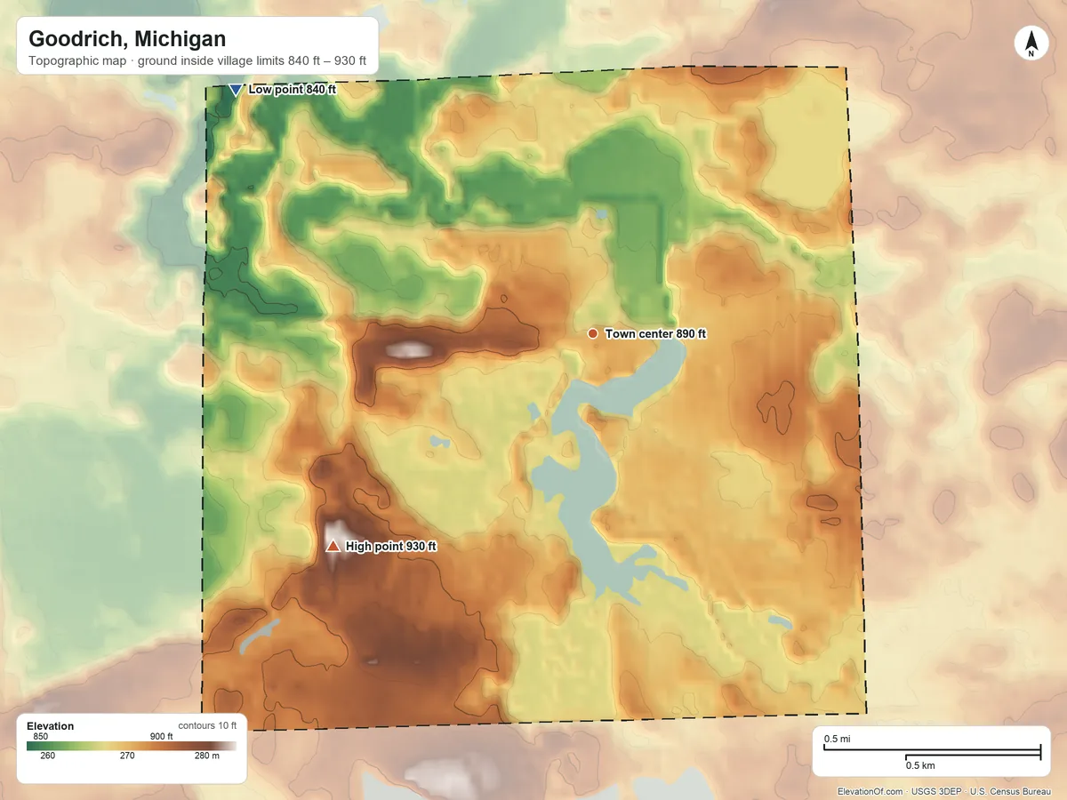 Topographic elevation map of Goodrich, Michigan, shaded from 840 ft on the northwest side to 930 ft on the southwest side