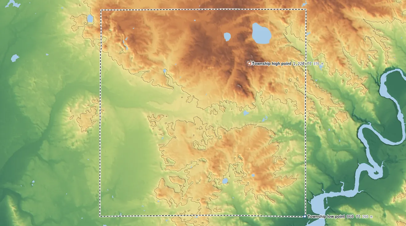 Topographic elevation map of Goodwell Township, Michigan, shaded from 860 ft on the southeast side to 1,220 ft on the northeast side