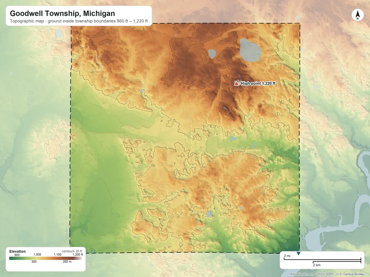 Topographic elevation map of Goodwell Township, Michigan, shaded from 860 ft on the southeast side to 1,220 ft on the northeast side