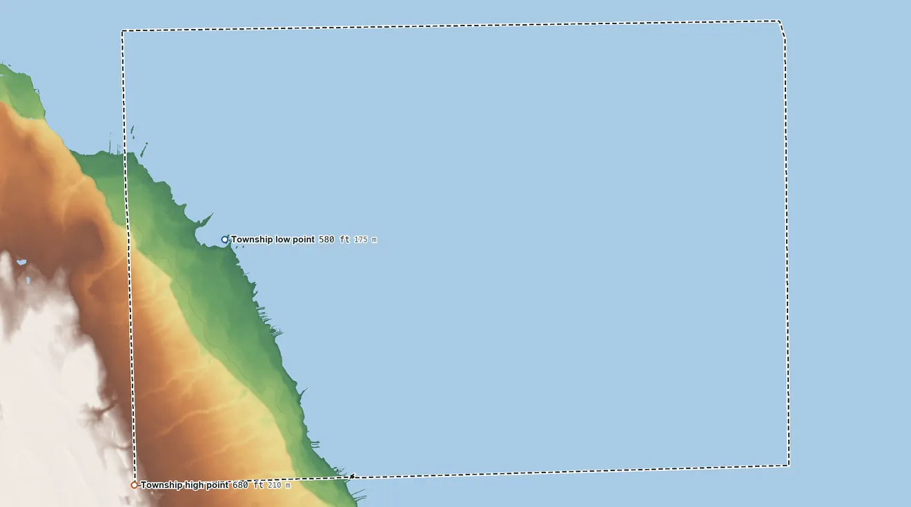 Topographic elevation map of Gore Township, Michigan, shaded from 580 ft on the north side to 680 ft on the southwest side
