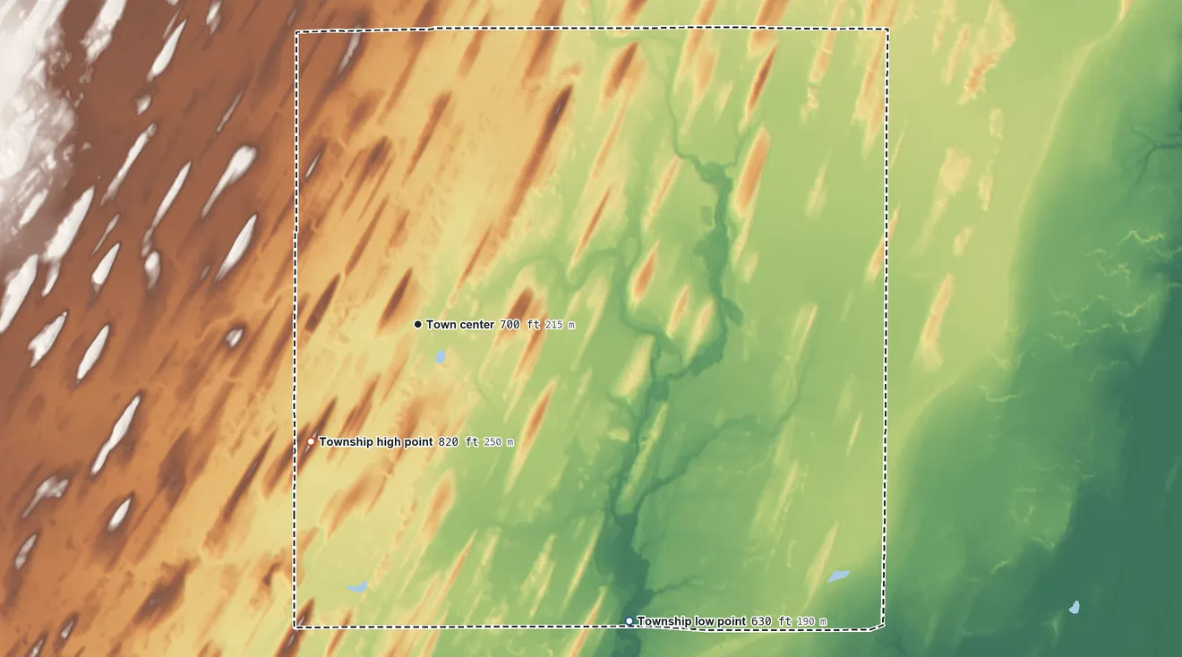 Topographic elevation map of Gourley Township, Michigan, shaded from 630 ft on the southeast side to 820 ft on the southwest side